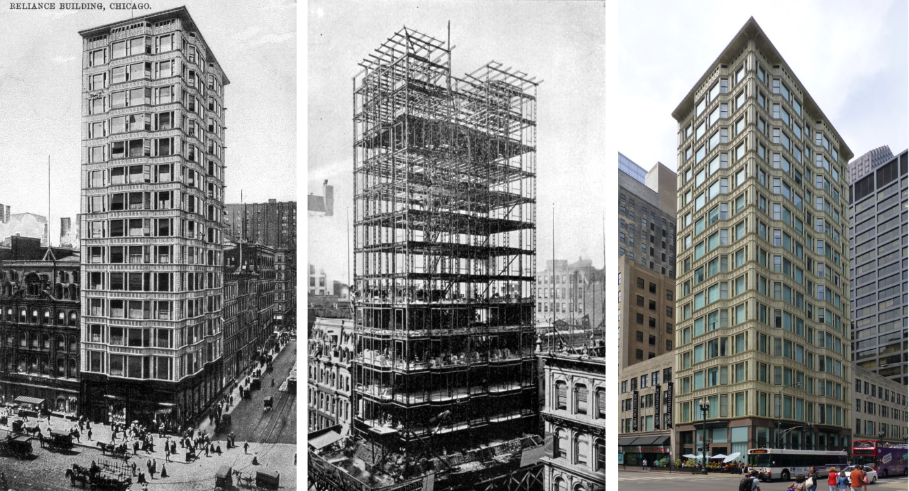 <ul><li><p><strong>Reliance Building</strong><span>&nbsp;(1895) in Chicago</span></p></li><li><p><strong>Flatiron Building&nbsp;</strong>(1902)<strong> </strong><span>in New York</span></p></li></ul><p></p>