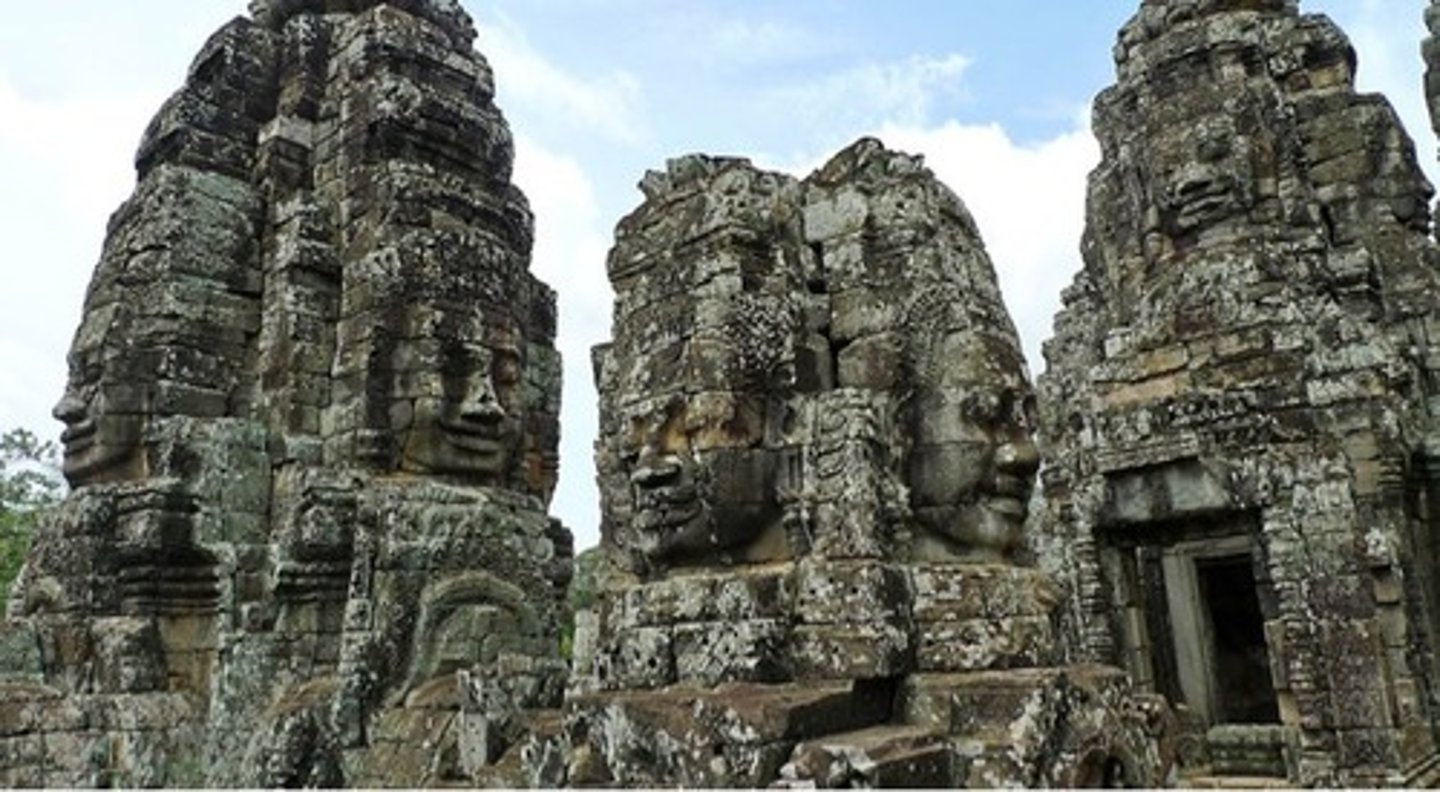 <p>Date: c. 1180-1220 CECreator: Jayavarman VIILocation: Angkor ThomMedium: StoneKey Facts: Faces of bodhisattva/king; blend of Buddhist and royal imagery</p>