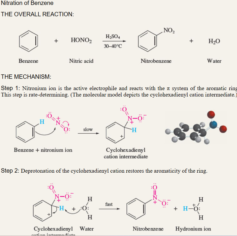 <p>benzene + HNO3  and H2SO4 → nitrobenzene</p><p></p><p>electrophile is NO2+</p>