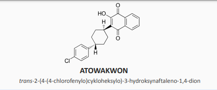 <p>blokuje aktywność reduktazy ubichinonu, co powoduje zahamowanie oddychania komórkowego i śmierci pasożyta, </p><p>WAŻNE!!! jest położenie trans podstawników</p>