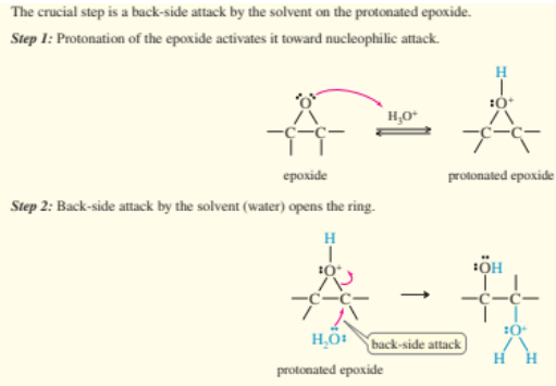 <ol><li><p>protonation of epoxide</p></li><li><p>H2O nucleophilic backside attack</p></li><li><p>deprotonation </p></li></ol><p></p>