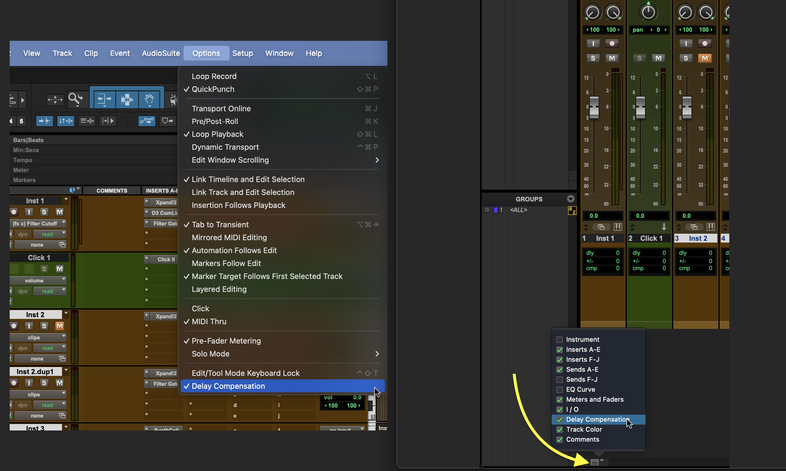 <p>Options &gt; Delay Compensation. In the Mix window go to the bottom left corner and click on the View Selector to display Delay Compensation. </p>