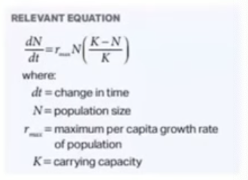 <ul><li><p>resource availability</p></li><li><p>per capita growth rate (r<sub>max</sub>) gets smaller as the population approaches its maximum size (K)</p></li></ul>