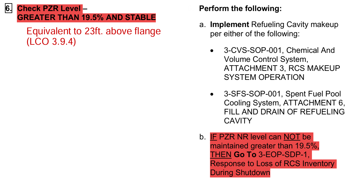 <p>19.5% Pressurizer NR = 23 ft. above Vessel Flange</p>
