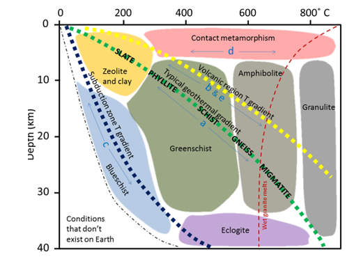 <ul><li><p><span>Sets of mineral assemblages that form under distinct pressure and temperature fields.</span></p></li><li><p>Low grade facies <span>form under relatively low temperatures and pressures and are often associated with burial metamorphism</span></p></li><li><p><span>Intermediate grade facies form under moderate temperatures and pressures and are associated with regional metamorphism</span></p></li><li><p><span>High grade facies form under high temperatures and pressures and are typically associated with intense metamorphism in regions of mountain building (orogeny)</span></p></li></ul>