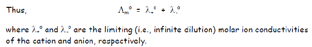 <ul><li><p>Kohlrausch law of independent migration of ions </p></li><li><p>Each ion contributes to the molar conductivity in a purely additive manner and its contribution is proportional to its concentration </p></li><li><p>And therefore lambda must be the sum of the limiting molar ion conductivities of the cation and anion. </p></li></ul><p></p>