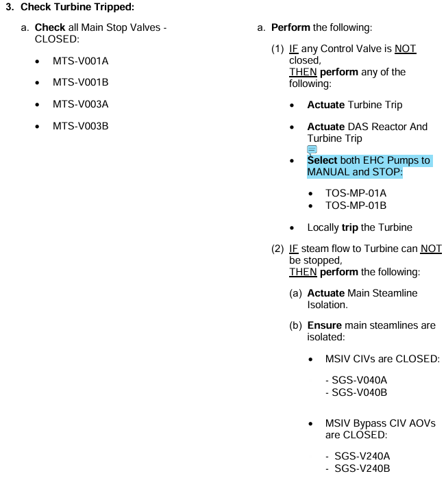 <p>Check STOP Valves closed</p><p>Check CONTROL Valves closed<br>IF Control Valve open perform ANY<br>PDSP Turbine Trip<br>DAS Reactor &amp; Turbine Trip<br>Both EHC Pumps to MANUAL &amp; STOP<br>Local Trip</p><p>If cannot stop steam flow to Turbine<br>Actuate MSL Isolation<br>Check MSIVs (V040s) and MSIV Bypasses (V240s)</p>