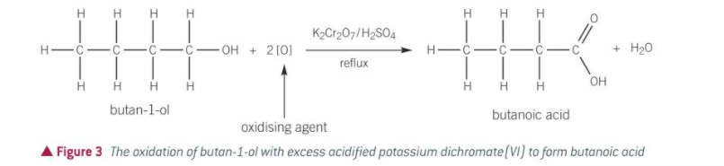 <ul><li><p>forms a carboxylic acid</p></li><li><p>requires vigorous oxidation w excess oxidising agent</p></li><li><p>heating under reflux</p></li><li><p>concentrated sulfuric acid</p></li></ul>