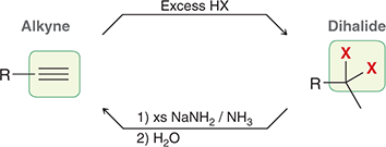 <p>1) excess NaNH2</p><p>2) H2O</p>
