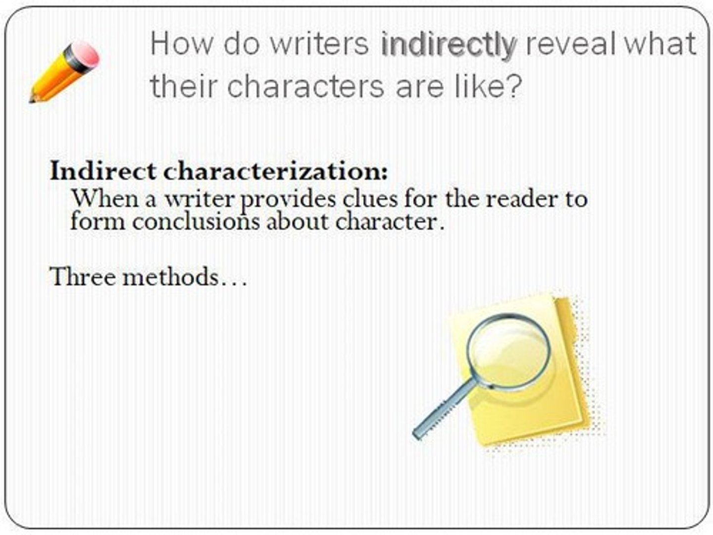 <p>the process a writer uses to reveal the personality and psyche of a character.</p>