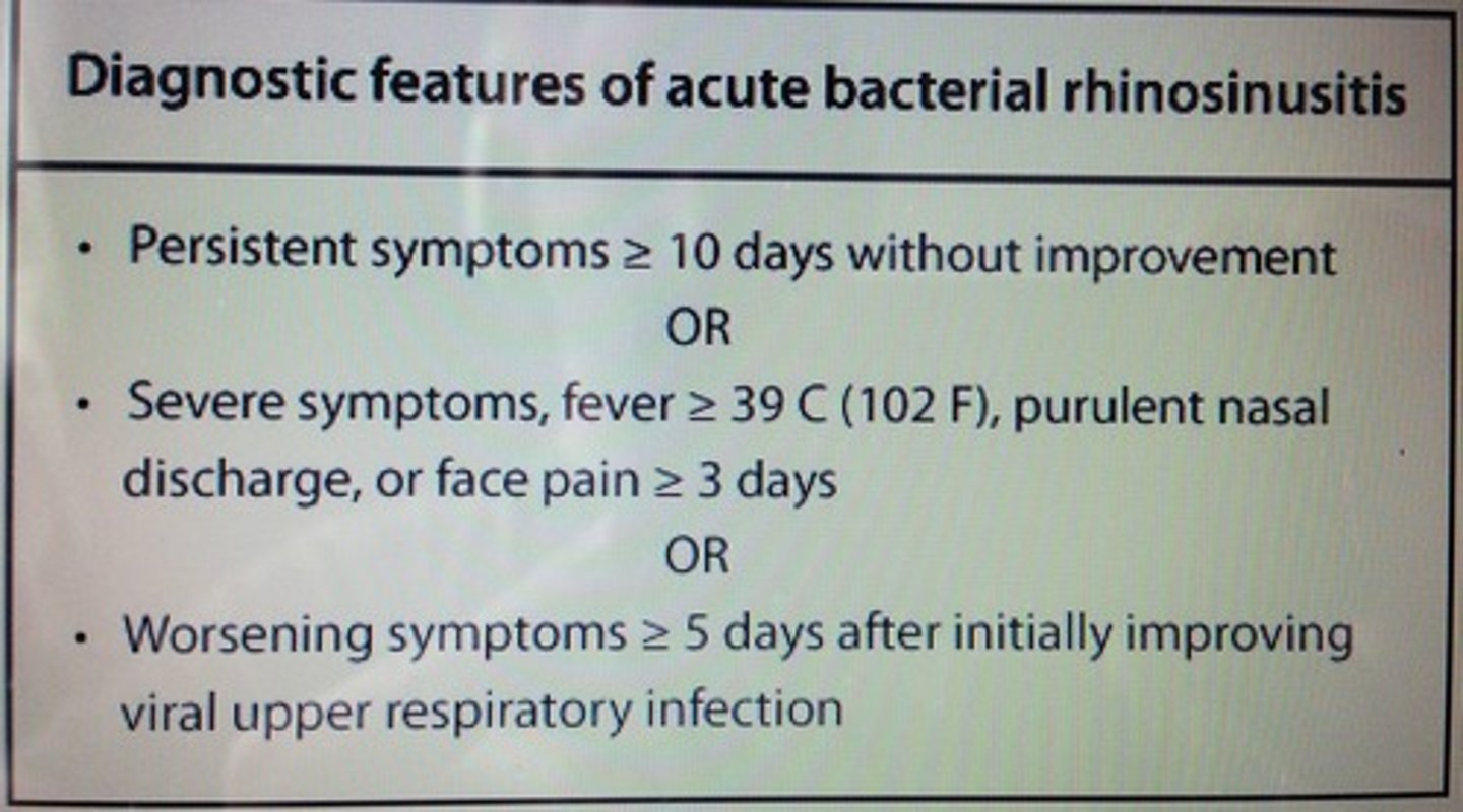 <p>Acute bacterial rhinosinusitis</p><p>tx: Oral amoxicillin-clavulanic acid</p><p>-> viral upper resp infections are the most common predisposing factor for acute bacterial rhinosinuritis</p>