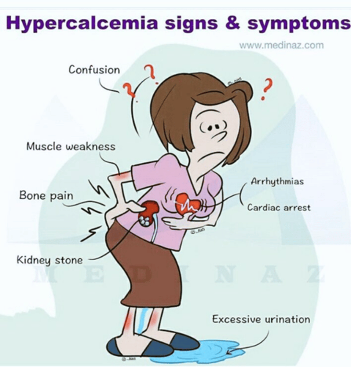 <p>Major causes:</p><p>- Hyperparathyroidism (too much PTH)</p><p>- Cancer</p><p>Less common:</p><p>- Excessive intake (too much vitamin D or calcium in diet or vitamins, GERD)</p>