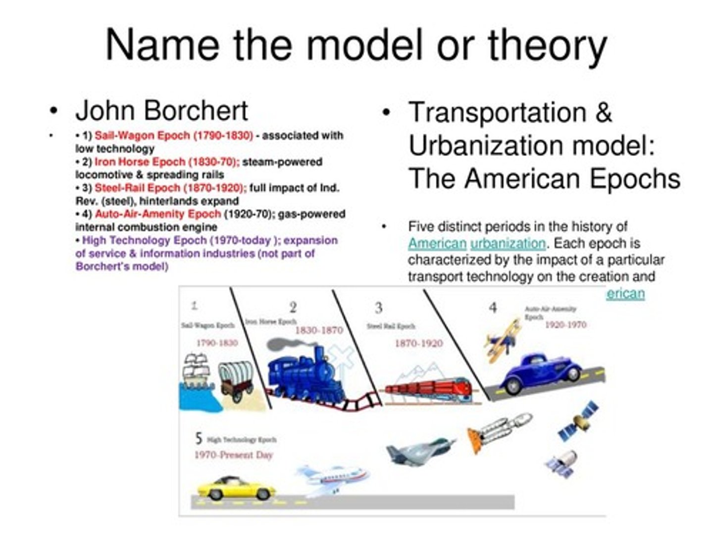 <p>development of cities in relation to the development of transportation and communication. According to Borchert's model a city's urban layout owes a great deal to what forms of transportation and communication were available when the city was settled.</p>