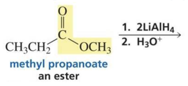 <p>What is formed with:</p><p>Ester + hydride ion (LiAlH4) + H<sub>3</sub>O<sup>+</sup></p>