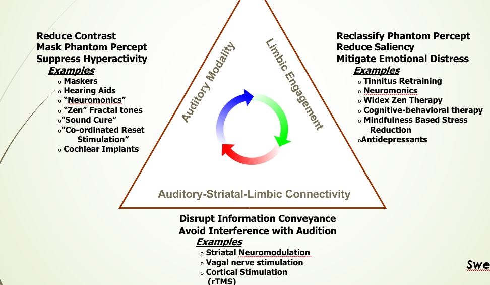 <ul><li><p><strong>Doel:</strong></p><ul><li><p>Verminderen van het contrast van tinnitus.</p></li><li><p>Verminderen van hyperactiviteit in de hersenen.</p></li><li><p>Psycho-educatie is essentieel.</p></li></ul></li><li><p><strong>Therapeutische middelen:</strong></p><ul><li><p><em>Tinnitus maskers – geluid toevoegen om tinnitus te maskeren.</em></p></li><li><p><em>Hoorapparaten – versterken van normaal geluid om tinnitus minder opvallend te maken.</em></p></li><li><p><em>Neuromonics – aangepaste geluidstherapie.</em></p></li><li><p><em>Widex Zen fractal tones – speciale ontspannende tonen.</em></p></li><li><p><em>SoundCure – recente technologie gericht op tinnitusverlichting.</em></p></li><li><p><em>Coordinated Reset Stimulation (Duitsland) – stimulatie gericht op hersenneuronen.</em></p></li><li><p><em>Cochleaire implantaten – bij doofheid of ernstig gehoorverlies.</em></p></li></ul></li><li><p><strong>Belangrijk:</strong></p><ul><li><p>Psycho-educatie en hoortoestellen zijn kernpunten.</p></li><li><p>Andere gadgets die extra geluid aanbieden zijn minder bewezen nuttig</p></li></ul></li></ul><p></p>