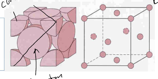* atom on each corner of cube and atom centered on each face at cube
* packing in close-packed plane
  * all optimal bond distance
* line through face diagonals doesn’t go through empty space