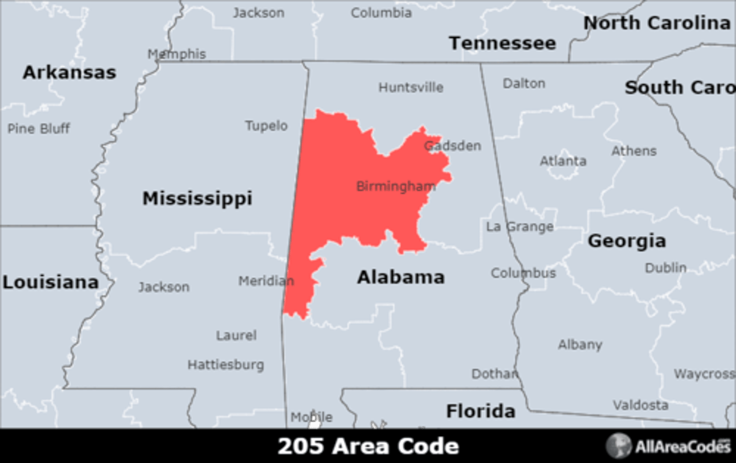 <p>Area code 205 is located in Alabama and covers Birmingham, Tuscaloosa, and Hoover. It is the only area code that serves the area.</p>