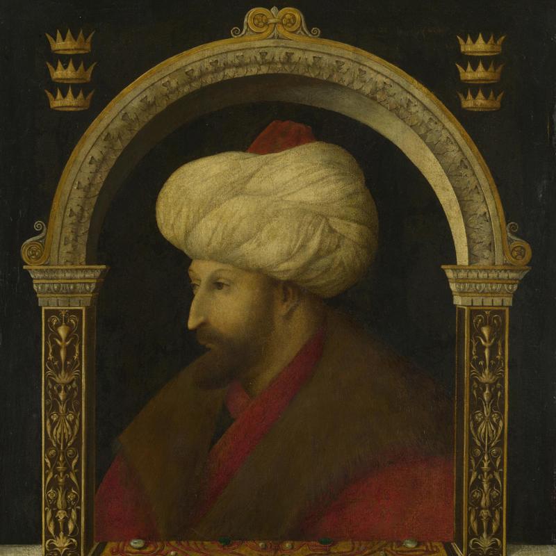 <p><span>Gentile Bellini, Portrait of Mehmed II</span><br><span>What does the crown represent?</span></p><p>What do the panels represent? </p>