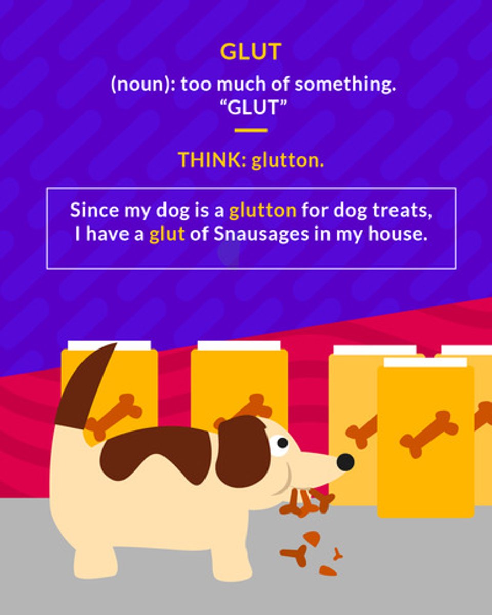 <p>(v.) to provide more than is needed or wanted; to feed or fill to the point of overstuffing; (n.) an oversupply</p><p>(noun) too much of something</p>