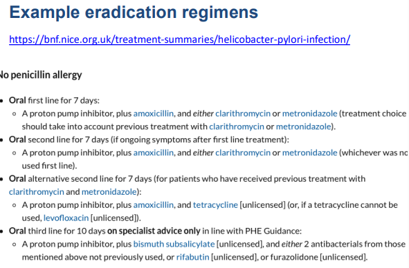 <p>PPI + amoxicillin + clarithromycin/metronidazole (dependant on previous treatment) 7 days high dose</p><p></p>