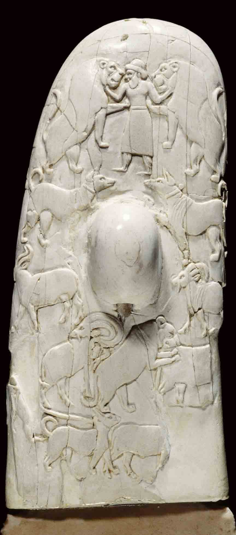 <p>Gebel el-Arak knife (both sides)- Gebel el-Arak, Egypt, 3450-3300 BCE. Flint knife and hippopotamus ivory handle</p><p>Depicts: Two individuals in hand-to-hand combat. Below them, two different types of boas, similar to those in the Hierakonopolis wall painting, move near the battle. On the other side of the handle, a bearded man in a long robe grasps the throats of two lions that have reared up on their hind feet. This individual is similar to the male figure interpreted as a priest-king depicted in many seals, vases, and sculptures from Uruk in southern Mesopotamia</p><p>Examples of: Iconography and symbols of kinship between Mesopotamia and Egypt, registers (individuals in hand-to-hand combat)</p>