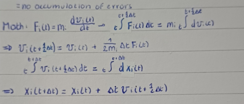 <p>method that doesn’t try to find position and velocity at the same time but instead ofsets them by half a timestep</p><ol><li><p>calc the velocity at t+1/2Δt</p></li><li><p>use that to calculate the xi at a full time step ( t+Δt)</p></li><li><p>use that to jump velocity to the next half step</p></li></ol><p>This creates a balance were errors in first step are often cancelled by the second step - so no accumulation of errors</p><p></p><p></p>