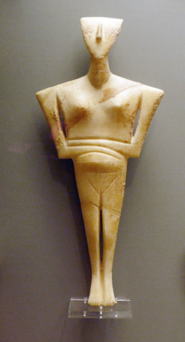 <p>Marble statuettes are the major surviving artworks of the Cycladic Islands during the third millennium BCE, but little is known about their function. Many of the Cycladic figurines were buried in graves and may represent the deceased, but others, for example, musicians, almost certainly do not. Whatever their meaning, these statuettes mark the beginning of the long history of marble sculpture in Greece.</p>