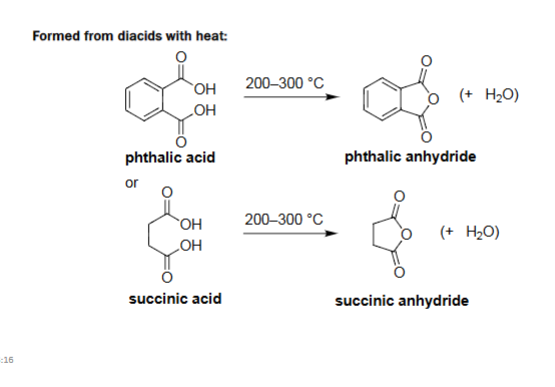 <ul><li><p>Diacids with appropriately spaced COOH groups dehydrate when heated.</p></li><li><p>Forms a cyclic anhydride + water.</p></li><li><p>Favored when a 5- or 6-membered ring can form (stable ring size).</p></li></ul><p></p>