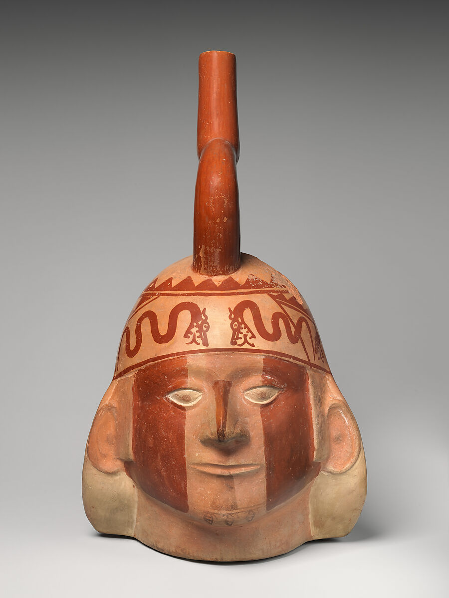 Portrait head vessels, 200-550 CE, Moche style, Peru, earthenware with colored slips