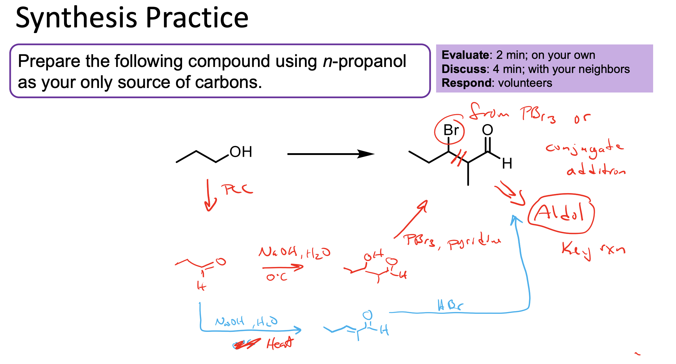 <ol><li><p>You use PCC to convert all of this alcohol to an aldehyde.</p></li><li><p>You use NaOH, H2O + ∆ to react it with itself to make the aldol, then the heat makes the beta unsaturated ketone which can be reacted with HBr to make our product (alkenes react with HBr).</p></li></ol><p>2.1 You could also use NaOH, H2O, 0°C to just form the aldol product, then use PBr3 and Pyridine to convert the OH to a Br.&nbsp;</p><p></p>