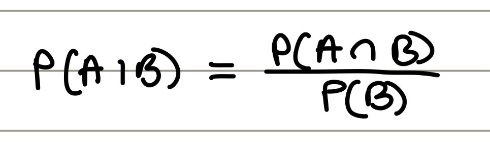 <p>the probability of event A occurring given event B has already occurred</p><p><strong>picture</strong></p>