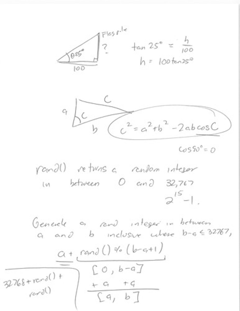 <p>c² = a² + b² - 2ab * cos(C).</p>