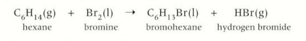 <p>alkane+ halogen → halogenoalkane + hydrogen halid </p>