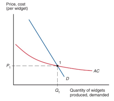 <p>AC can be interpreted as a <strong>forward-falling supply curve</strong>. as in ordinary supply-and-demand analysis, market equilibrium is at point 1, where the supply curve intersects the demand curve, D. the equilibrium level of output is Q<sub>1</sub>, the equilibrium price P<sub>1</sub></p>