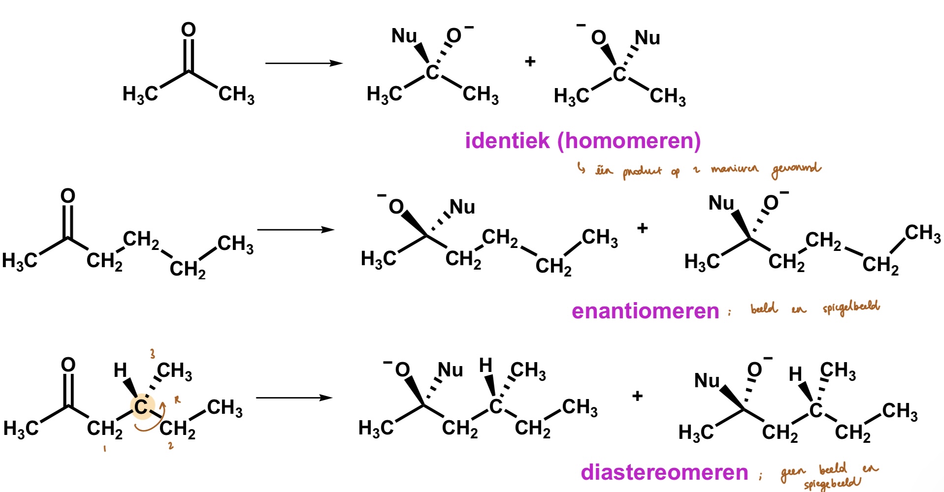 <ul><li><p>nucleofiel valt aan op koolstof;</p><ul><li><p>langs boven</p></li><li><p>langs onder</p></li></ul></li></ul><p></p><ul><li><p>gevormde producten;</p><ul><li><p>identiek</p></li><li><p>enantiomeren (één stereogeen centrum)</p></li><li><p>diastereomeren (meerdere stereogene centra)</p></li></ul></li></ul><p></p>