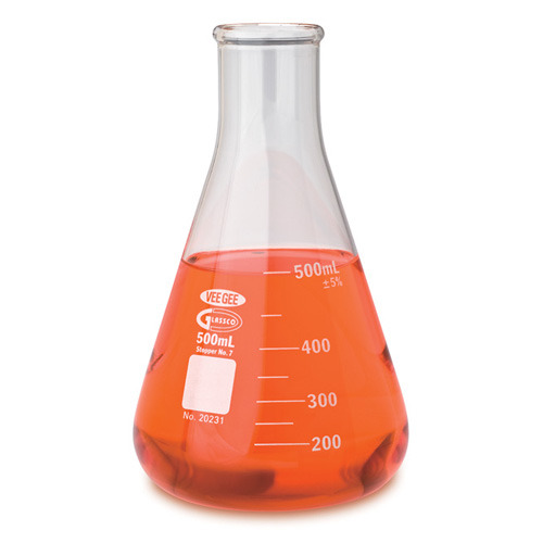 A cone-shaped, narrow-mouthed container with rough calibrations
