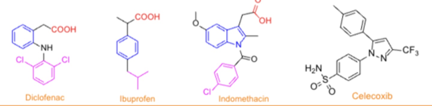<p>- acidic group (typically COOH) required for activity</p><p>- aromatic/heteroaromatic ring next to acidic group</p><p>- A separate, additional lipophilic group increases affinity for COX enzymes </p>