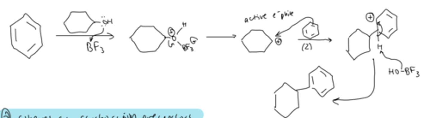 <p>treating alcohol with BF3 forms a carbocation which can be attacked by the benzene pi bond and deprotonated</p>