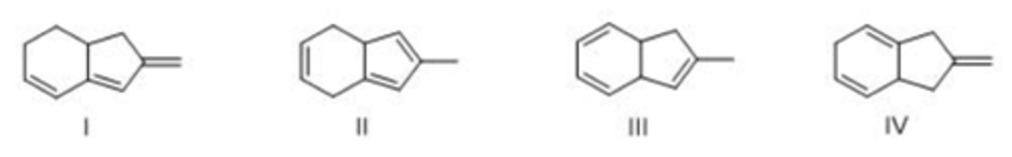 <p>Which triene absorbs the longest wavelength of UV light?</p><p>A. I</p><p>B. II</p><p>C. III</p><p>D. IV</p>