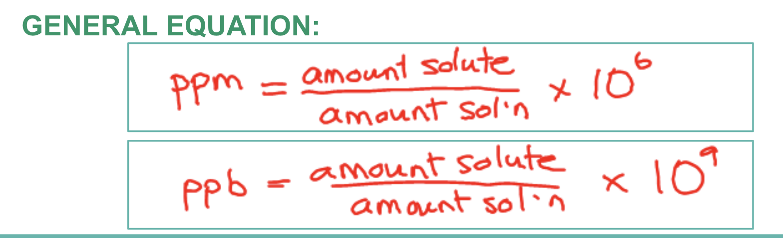 <p><span style="background-color: transparent;"><span>These units are used to describe the concentration of substances which are present in VERY </span><strong><u><span>SMALL</span></u></strong><span> AMOUNTS in solution. UNITS MUST MATCH!</span></span></p>