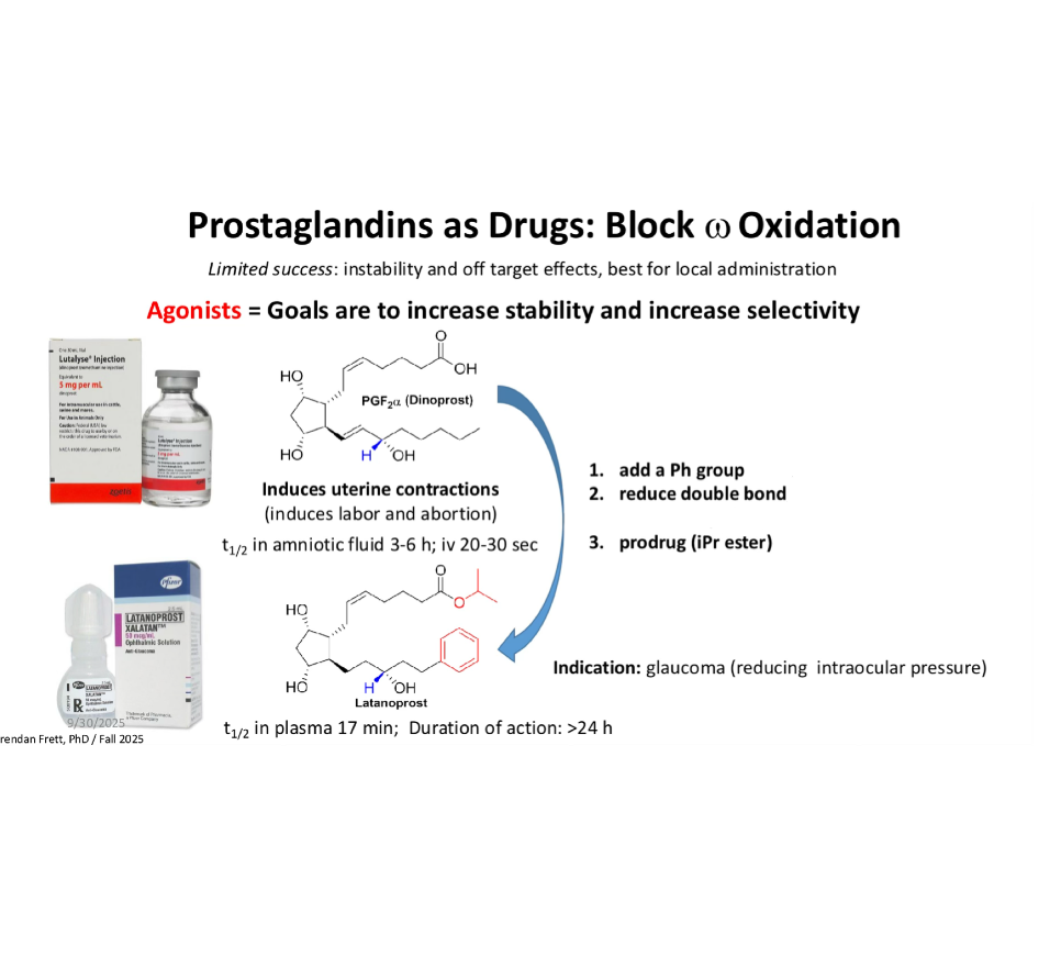<ol><li><p>add a Ph group —></p></li></ol><ol><li><p>reduce double bond —></p></li><li><p>prodrug (iPr ester) —></p></li></ol><p></p>