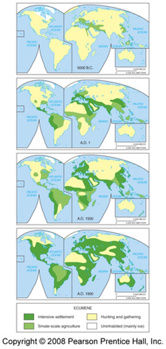 <p>The portion of Earth's surface occupied by permanent human settlement. An example of an ecumene would be urban areas or cities with dense populations. These areas are characterized by high levels of human habitation, infrastructure, and economic activity.</p>
