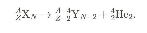 <p>The equation representing the process in which an alpha particle is emitted from a nucleus, typically written as A\rightarrow A-4+X. </p>