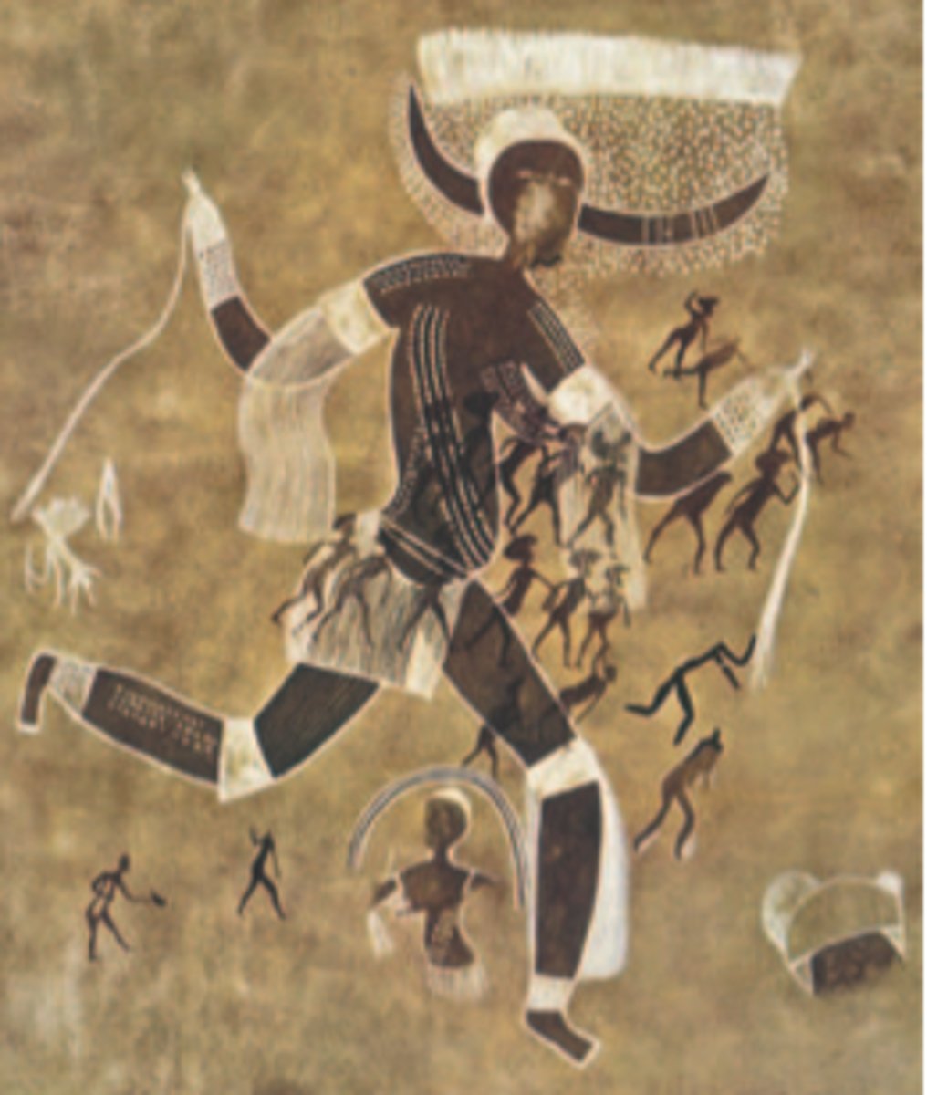 <p>rock painting; 15,000+ paintings and engravings found;<br>composite view of body; depicts livestock; some drawings naturalistic + some abstract; found on isolated rock --&gt; cave could not be used as dwellings</p>
