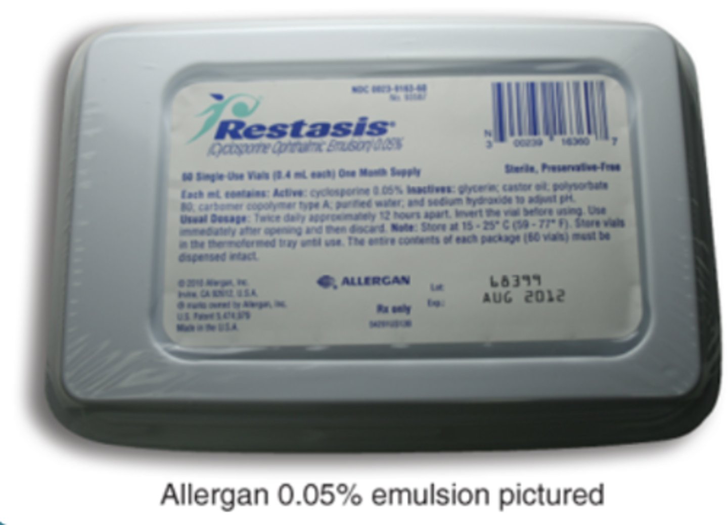 <p>Restasis</p><p>immunosuppressive that inhibits t lymphocyte activation-></p><p>decreases cytokines and inflammation in lacrimal gland</p><p>= for dry eyes; increases tear production</p>
