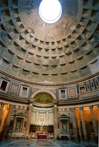Imperial Roman
 118-125 C.E. 
Concrete with stone facing

Temple of all the gods. Built by Trajan's successor Hadrian. Shows potential of concrete in architecture 

Corinthian columned courtyard approach. Interior space was the orb of the earth 
Dome was vault of heavens 
Light from oculus
