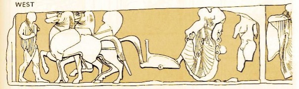 * Has not survived beyond a few relief figures ​
* Choice of myth functions as a **nice counterpart to the east side** of the Siphnian Treasury ​
* This indicates that the **sculptors considered the overall effect** of the sculptural decoration ​
* First figure on the winged chariot is Athena, with Hermes as the Charioteer ​
* Aphrodite is shown stepping off her chariot (anticipating the receipt of the golden apple) ​
* Likely Hera was also shown on a chariot 