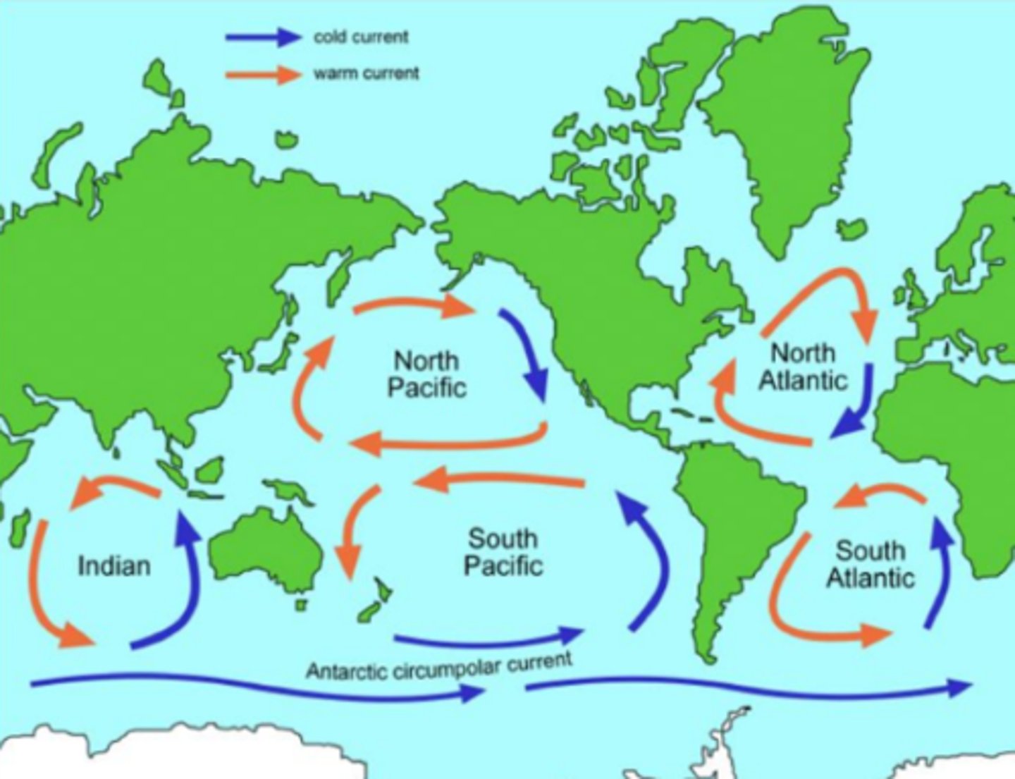 <p>large-scale water circulation that moves clockwise in the Northern Hemisphere and counter-clockwise in the Southern</p>