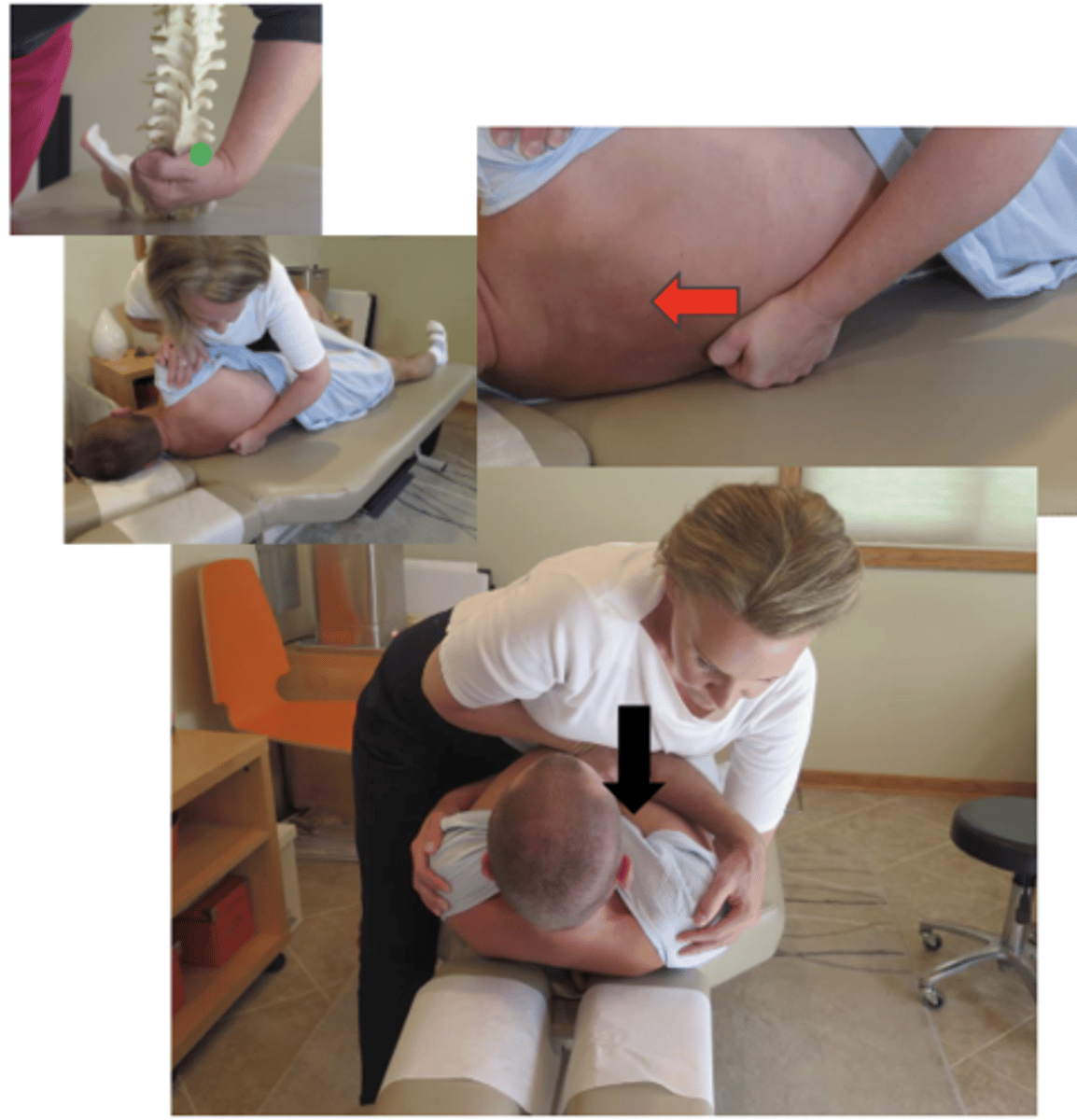 <p>• PP: Supine, arms crossed on shoulders, patient in flexed position , asks permission to open gown, verbalize finding the segment</p><p>• DP: Modified fencer, opposite side of contact, tissue slack from below</p><p>• CH: Unilateral thenar contact on superior segment</p><p>• IH: Contacts the patient's crossed arms</p><p>• Vector: A-P to induce rotation</p>