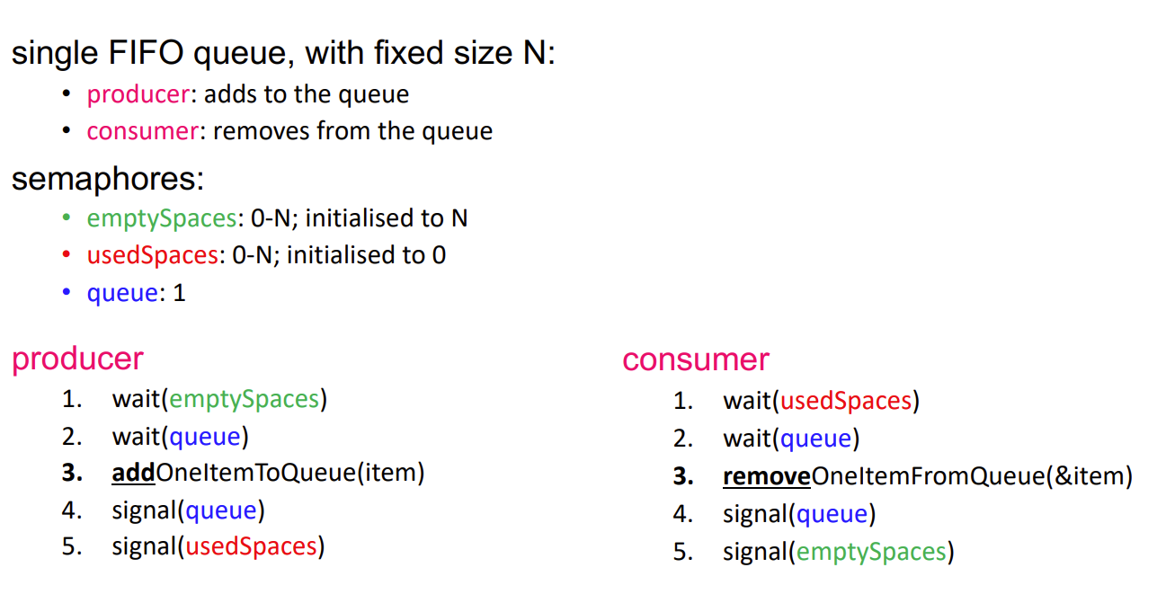 A signalling mechanism. Allows multiple threads simultaneously access to a resource at one time. by initialising semaphore as integer.

Wait: If count is 0, it waits until it isn’t. Decreases semaphore count by one. 

signal: Increments semaphore count by one to show it is finished with recourse.